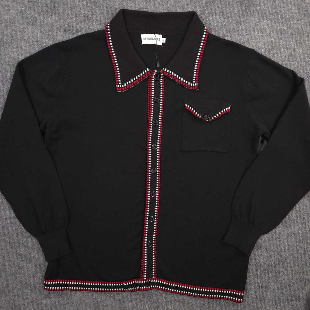 OXKNIT Cardigan Sweater Mens L Black 1960s Style Retro Front Button Long Sleeve